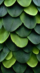 Obraz premium Layered green petals in overlapping pattern, creating a textured and vibrant image. The lush foliage is composed of numerous rounded shapes with distinct shades, showcasing nature's design