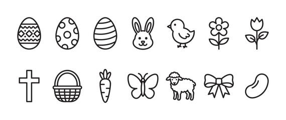 Fototapeta na wymiar Set of black line art icons for Easter featuring a bunny, chick, lamb, eggs, cross, and flowers in a simple minimalist style for spring holiday celebration design