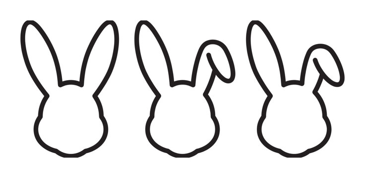 Three black outline rabbit head silhouettes with long ears, some flopped over, are depicted in a simple, minimalist line art style for Easter holiday decoration