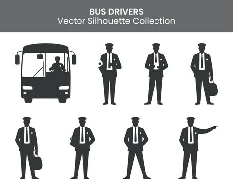 Silhouette illustrations of bus driver and conductor in various poses and actions showcasing different uniforms and accessories