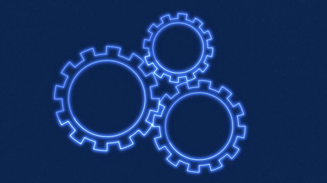 Three Neon Blue Gears Interlocking on a Textured Dark Blue Background cogs