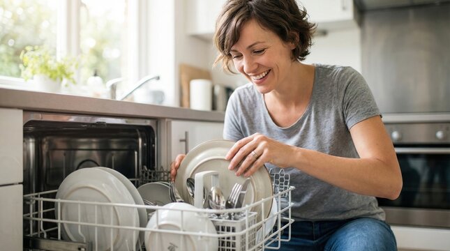 A woman takes clean plates and utensils from the dishwasher in a sunny kitchen while smiling and enjoying the task