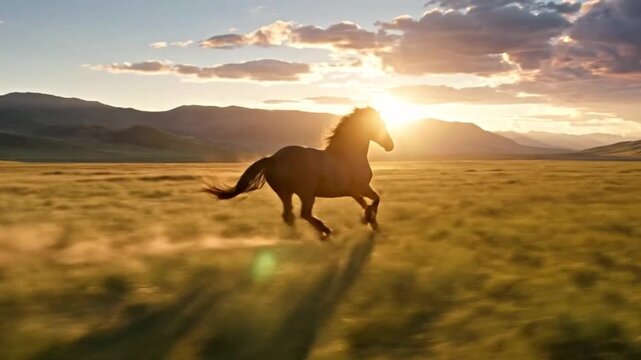 Majestic Dark Horse Galloping Across Golden Grassland at Sunset