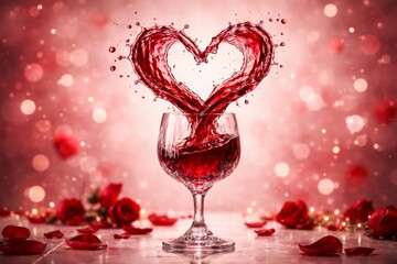 Romantic heart-shaped wine splash intimate setting digital art soft focus love concept