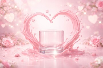 Heart-shaped pink splash cocktail romantic setting digital art whimsical atmosphere close-up view love concept