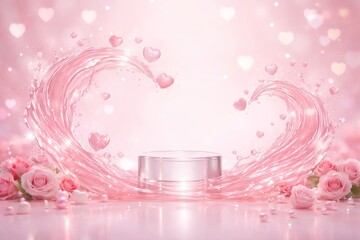 Romantic heart-shaped water splash pink floral display digital art dreamy environment close-up view love concept
