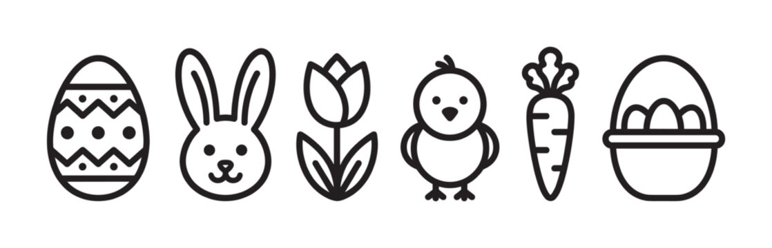 Set of black line art Easter icons featuring a decorated egg, bunny, tulip, chick, carrot, and basket arranged in a row for a spring holiday celebration graphic design