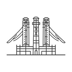 A linear illustration depicting a bridge with three vertical towers and cables