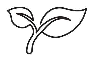Fototapeta premium Simple black outline drawing of a young plant sprout with two leaves, a minimalist icon for concepts like nature, growth, organic products, and environmental care
