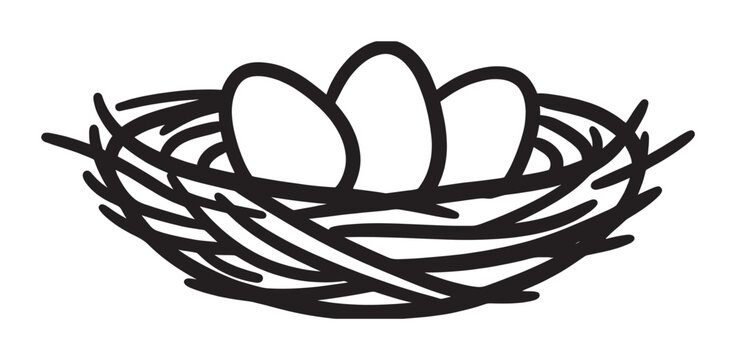 Black and white line drawing of a bird's nest holding three eggs, depicted in a simple, graphic, and minimalist style representing new life, family, and home