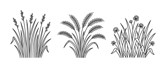 Naklejka premium Three black and white line art illustrations of wild grass, flowers, and cereal plants in a minimalist, hand-drawn doodle style for a clean botanical design element set
