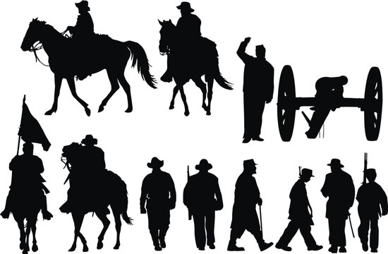 Comprehensive collection of historical American Civil War military silhouettes featuring cavalry on horseback, infantry soldiers, artillery cannon, and flag bearer for warfare projects AI Generative
