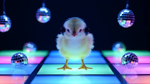 Cute yellow chick wearing headphones dances on a colorful disco floor, bopping its head to music surrounded by sparkling miniature mirror balls in a nightclub