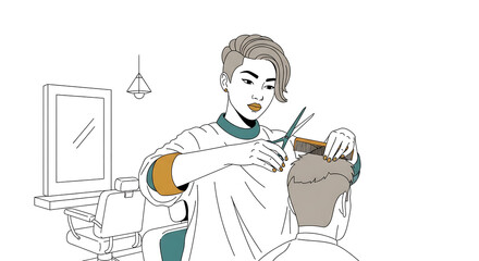 A stylish barber cutting a client's hair in a modern salon setting.