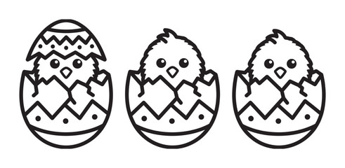 Obraz premium Three adorable cartoon chicks hatching from decorated Easter eggs in a charming black and white line art style, showing the sequence of a baby bird emerging from its shell