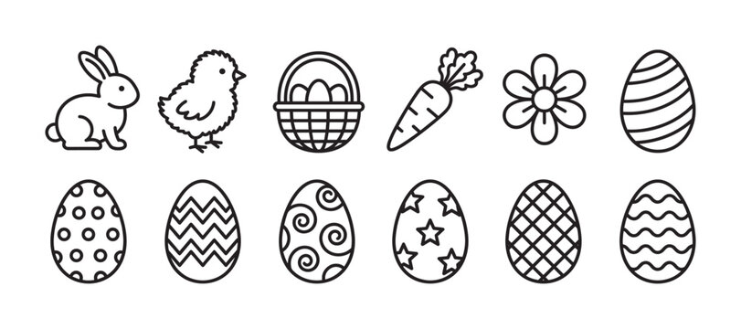 Collection of black line art Easter icons featuring a cute bunny, chick, basket, carrot, flower, and decorated eggs with various patterns in a simple, minimalist vector style