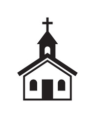 Simple black church building icon with a cross on the steeple, representing faith and religion in a minimalist graphic design style for spiritual or community concepts