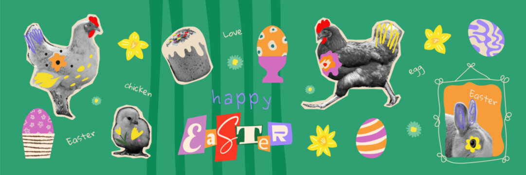 Easter collage illustration set with chicken, bunny and decorated eggs. Hand drawn elements and typography. Cute spring graphics for greeting cards, stickers, posters, kids design and scrapbooking.