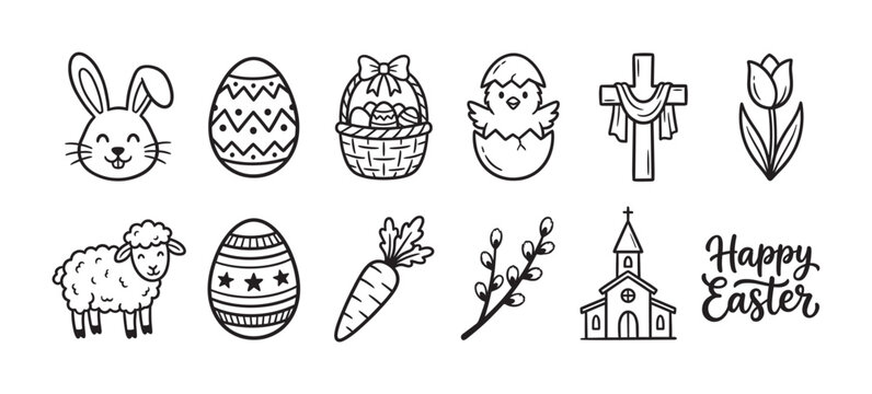 Collection of hand-drawn Easter icons featuring a bunny, decorated eggs, a hatching chick, a lamb, a cross, and a church in a simple black and white doodle line art style