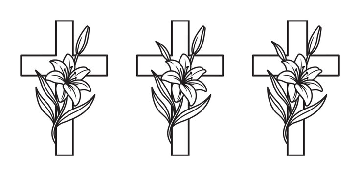 Three black and white Christian crosses decorated with elegant lily flowers, a religious symbol of faith, resurrection, and purity in a simple line art vector illustration style
