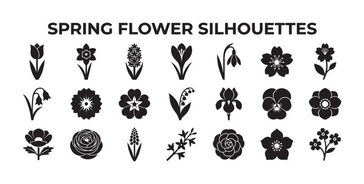 Black spring flower silhouette icon collection featuring various botanical designs like tulip, daffodil, hyacinth, and crocus in a clean minimalist vector graphic style