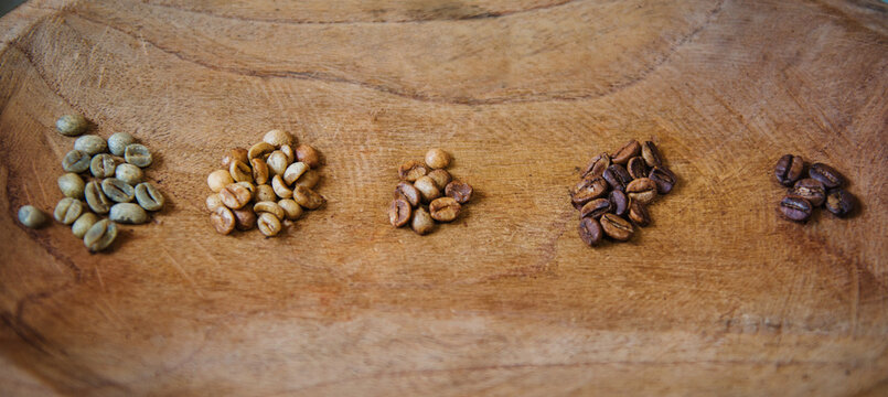 small piles of coffee at different points of roasting