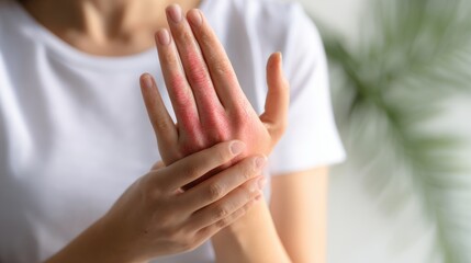 Fototapeta premium A hand suffering from skin condition: red rash symptoms 