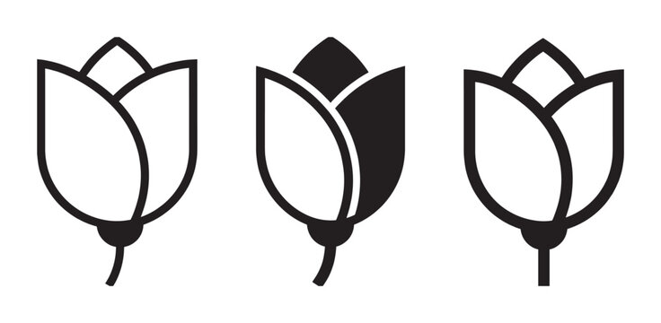 Three black tulip flower icons in a minimalist style, showcasing a set of simple vector graphics with outline and solid silhouette variations for a modern floral logo or design element