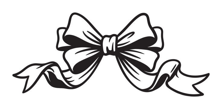 Black and white illustrated ribbon bow with flowing tails in a classic, hand-drawn graphic style for festive decoration or gift wrapping concepts