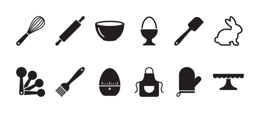 Kitchen utensil and baking tools icon set featuring a whisk, rolling pin, oven mitt, apron, and rabbit cookie cutter in a simple graphic silhouette style