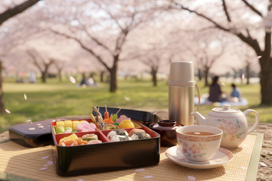 Detailed shot of classic Japanese hanami picnic elements under blooming cherry trees, natural light emphasizing seasonal textures and lifestyle.