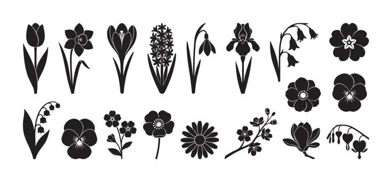 Collection of black spring flower vector silhouettes including tulip, daffodil, crocus, hyacinth, snowdrop, iris, bluebell, primrose, pansy, and lily of the valley icons