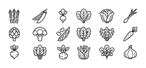 Fototapeta premium Collection of fresh vegetable line icons showing various healthy foods like carrots, broccoli, and lettuce in a minimalist black and white graphic illustration style for design elements