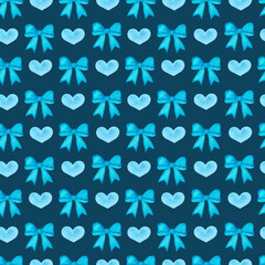 Watercolor illustration of turquoise bows, hearts, seamless pattern on a dark blue background.
