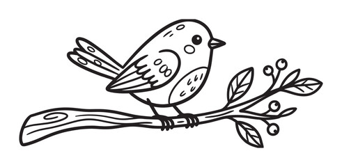 Cute cartoon bird line drawing perched on a tree branch with leaves and berries, a simple black and white hand-drawn illustration perfect for a children's coloring page
