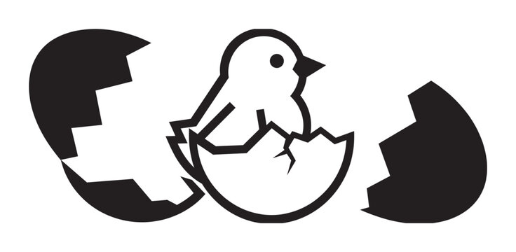 Newborn chick hatching from a cracked egg in a simple black and white graphic illustration, representing new beginnings, birth, innocence, and the concept of life