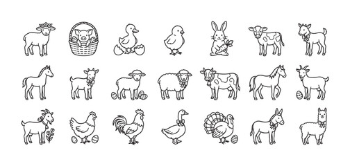 Fototapeta premium Set of cute cartoon farm animal icons for the Easter holiday, featuring a lamb, pig, chick, rabbit, cow, and horse in a simple black and white line art style