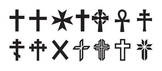 Fototapeta premium Collection of various black cross symbols including Latin, Celtic, Orthodox, and Ankh designs in a minimalist vector icon set showing different religious and heraldic shapes