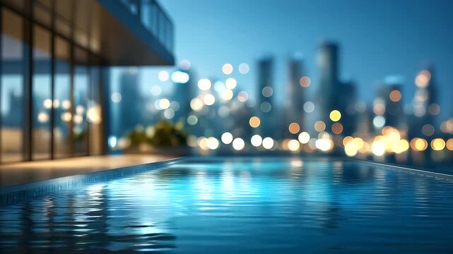 Infinity pool with skyline background display luxury condo rooftop setting city view vacation travel modern architecture elegant design sophisticated lifestyle representation