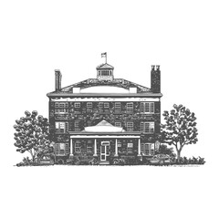 Obraz premium An illustration of a large brick building with trees and flag