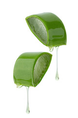 Fresh aloe vera slices with dripping gel isolated on white background