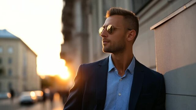 Faceless handsome confident stylish model sexy modern man elegant suit fashion male posing street city sunset sunglasses near wall urban setting defocused architecture