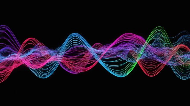 "Overlapping vibrant waveforms in pink, blue, purple, green, and red oscillate against black background, symbolizing sound waves, frequency modulation, and dynamic energy in abstract motion."