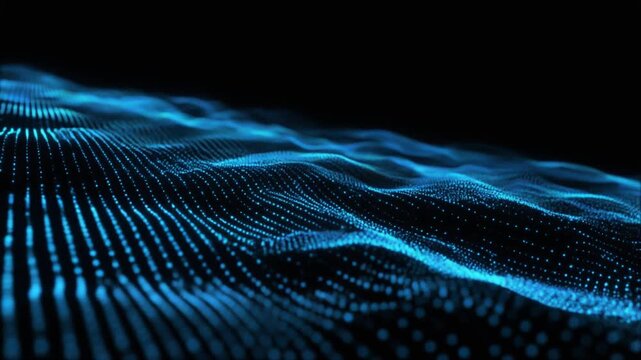 "Undulating digital wave of glowing blue dots and lines against black background, symbolizing data flow, futuristic landscapes, and abstract network activity in dynamic motion."