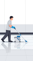 Fototapeta premium Professional Cleaner Mopping Reflective Floor In Modern Office Space