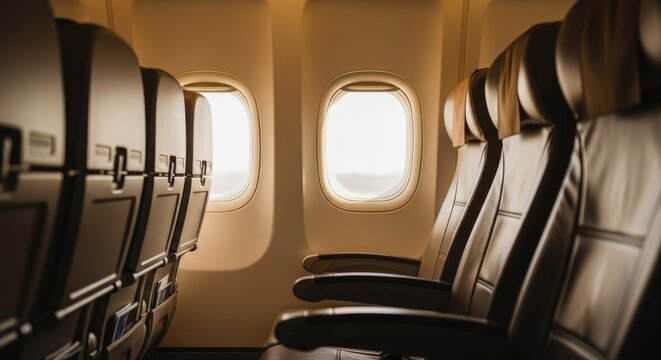 Airplane interior view with rows of passenger seats near windows