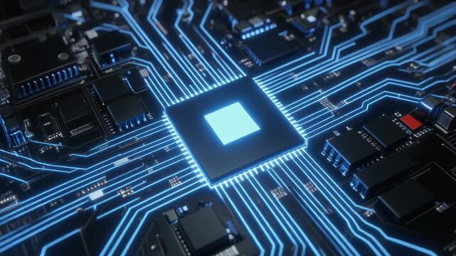 "Futuristic glowing CPU core radiates electric blue circuits across motherboard, symbolizing digital power, connectivity, and advanced technology in a cybernetic world of innovation and speed."