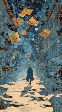 Una ni&ntilde;a peque&ntilde;a avanza en pasillo con estantes de libros que se prolongan al infinito, algunos libros flotan al rededor con f&oacute;rmulas cient&iacute;ficas, la imagen es estilo grabado antiguo