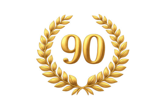 Golden 90 number in laurel wreath on transparent background