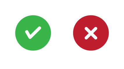 Obraz premium Green checkmark and red cross symbols for correct and incorrect choices, approved or rejected, on white background, simple icons.